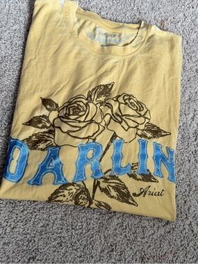 Ariat Yellow Tee with Blue Lettering & Brown Rose Graphic